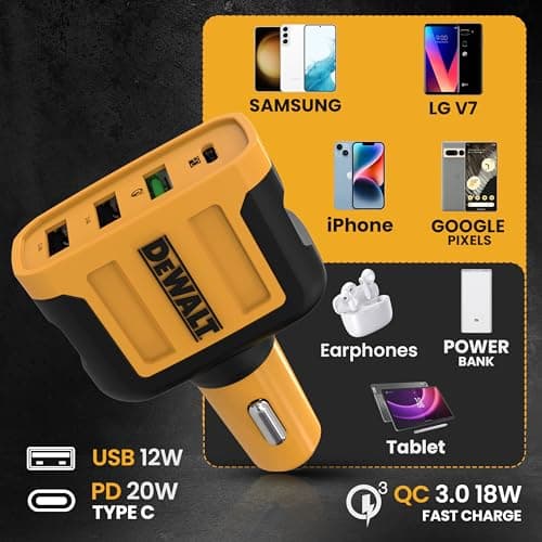 DEWALT Heavy Duty 4 Port USB C Car Charger Multiport, Fast 60W USB Cigarette Lighter Adapter, PD Type C Multi Car Phone Charger, Cell Phone Automobile Chargers Compatible w/iPhone 16/15, Samsung — view 6