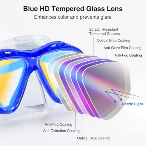 Snorkeling Gear for Adults, Snorkel Mask With Mirrored Tempered Glass Lens 180° Wide View Anti-Fog Scuba Diving Mask, Professional Snorkel Set for Swimming Diving (Clear Blue) — view 2