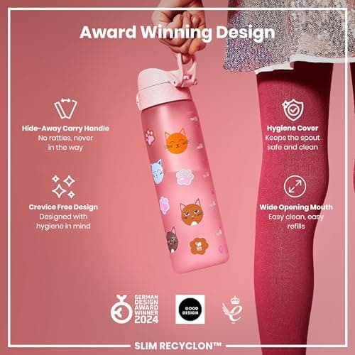 Ion8 Water Bottle, 500ml/18oz, Slim Leak Proof & BPA-Free Drinking Bottle, Secure Lock Prevents Spills, Dishwasher Safe, Carry Handle, Ideal for Adults & Kids - Travel, Gym & School, Cats — view 6
