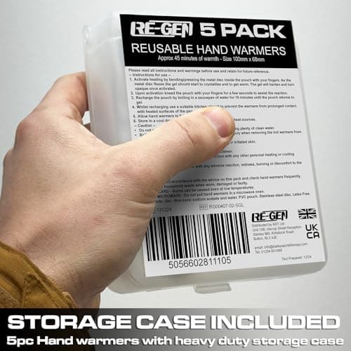 5 Pack - RE-GEN Reusable Hand Warmers with Heavy Duty Storage Box | Easy Gel Click/Snap Activation Pocket Warmers Hot Packs Pads 100mm x 68mm — view 3