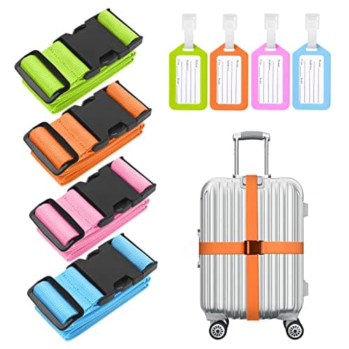 flintronic Luggage Straps, 4 Pack Suitcase Straps with Luggage Tags, Adjustable Bag Straps with Quick Release Buckle, Non-Slip Security Belts Travel Accessories for All Suitcase Baggage(Multi-color)