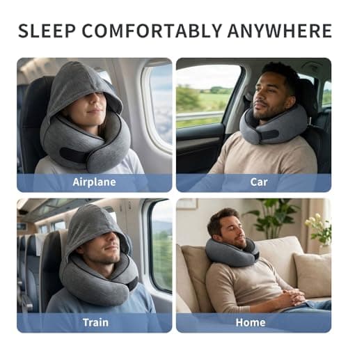 Cilnos Travel Pillow with Light Blocking Hood, Memory Foam Neck Pillow with 360° Ergonomic Support, Hooded Flight Pillow for Plane, Car & Home, Travel Neck Pillow for Adults & Kids (Dark Gray) — view 6