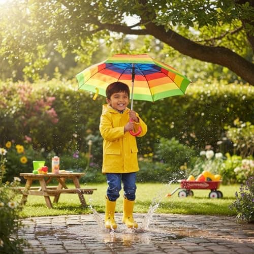 AOC24 Kids Rainbow Umbrella, Waterproof Rain Umbrellas, Strong Metal Tube Safe Canopy Tips, Polyester with Curved Handle, Easy to Use Toddler Umbrella Bright Colour Design for Girls Travel (1) — view 6