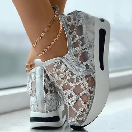 Women's Floral Lace Wedge Trainers Fashion Breathable Sneakers with Arch Support Dressy Lightweight Slip on Sneakers Comfortable Thick Heel Casual Outdoor Travel Walking Sports Shoes — view 4