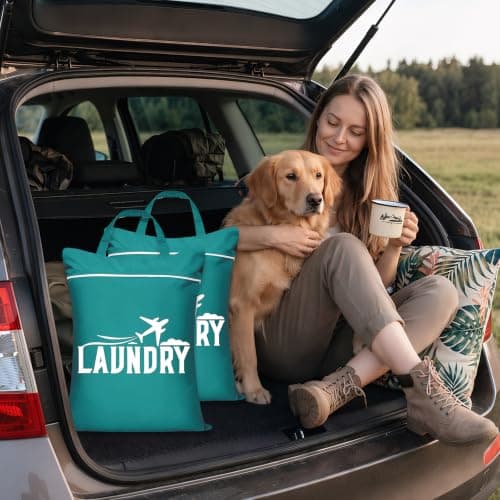 2 Pcs Large Travel Laundry Bags, Portable Waterproof Wet Clothes Bag with Zipper & Handle, Reusable Laundry Bags for Travelling, Swimming, Yoga, Gym, Camping, Family Vacation (Green) — view 6
