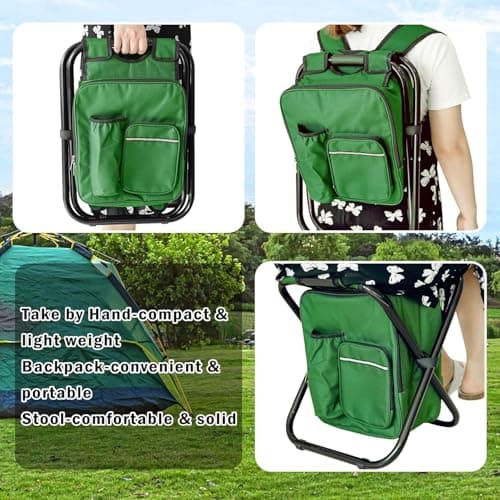 Kikerike Portable Stool Backpack Cooler Chair 300 LBS Max Load Folding Fishing Cooler Backpack Stool for Outdoors Hiking Beach Travel - Army Green — view 4