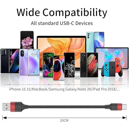 2Pack Short USB C Charger Cable 20cm/0.2M USB to USB C Cable Type C Apple Car Play Fast Charging Cord Braided USB A to USB C for iPhone 17 16 15 Pro, Samsung Galaxy S26 S25 S24 Pixel 9 8, Switch, PS5 — view 5