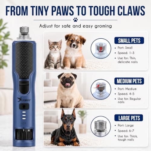Candure Dog Nail Grinder 7-Speed Whisper Quiet Dog Nail Trimmer for Large, Medium, Small Dogs, Cats & Pets – Silent Type-C Rechargeable Dog Claw Grinder with 360° LED Light & Extra Head (Dark Navy) — view 3
