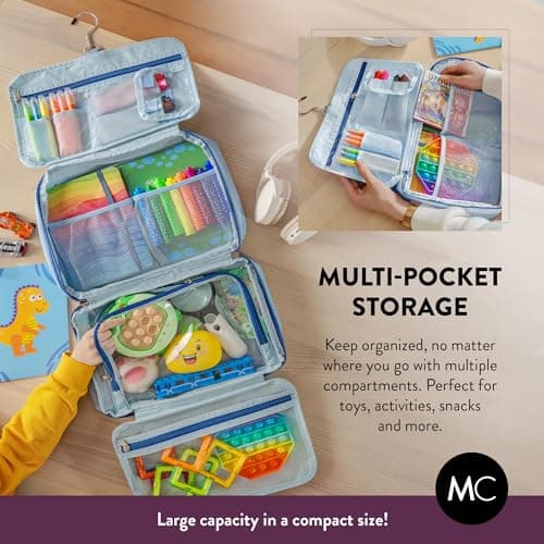 Kids Travel Organizer – Multi-Compartment, Water-Resistant Hanging Bag for Toys, Snacks, & Activities - Compact, Lightweight Design with Hook & Carry Handle - Perfect for Travel Use (Blue, Large) — view 4