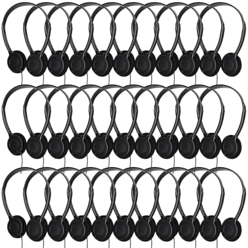 Konohan 30 Pack Bulk Wired On-Ear Headphones with 3.5mm Jack Adjustable Lightweight Individually Wrapped Headphones for Students Classroom School Library Office Travel (Black)