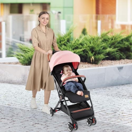 Foldable Baby Stroller, Lightweight Toddler Travel Pushchair for Airplane, Compact Infant Buggy with 5-Point Harness, Adjustable Backrest Footrest Canopy, Storage Basket (Coral Pink) — view 2