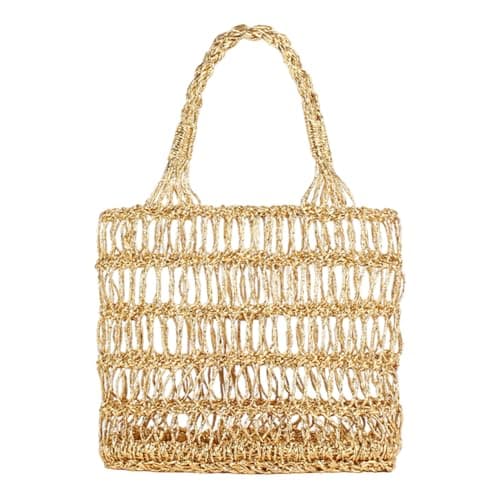 FUNSEED Straw Beach Tote Bag for Women, Gold and Silver Handbag for Beach Swimming Pool, Gold, S