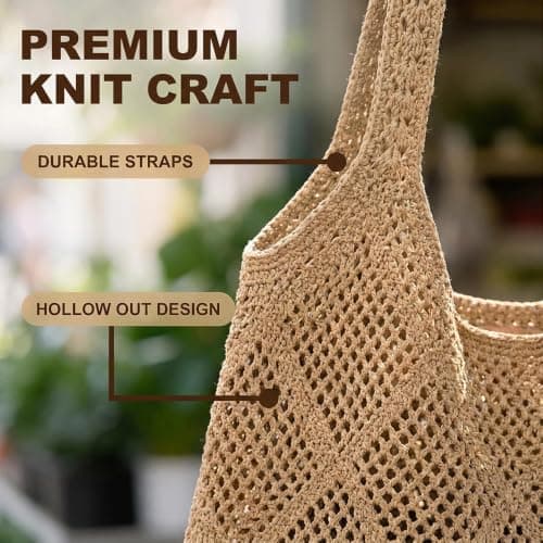 Crochet Tote Bag for Women, Retro Woven Mesh Beach Bag Boho Shoulder Tote — view 6