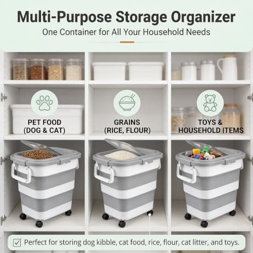 SANNAX Collapsible Pet Food Storage Container 22-24 lbs, Airtight Foldable Dog Cat Dry Food Bin with Detachable Wheels, Handle, Scoop & 1000ml Jar, Space Saving Kitchen Organiser – Grey White — view 6