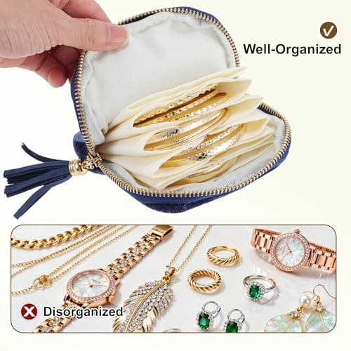 VOCOSTE Travel Jewelry Case, Portable Jewelry Organizer with 6 Independent Layers, Small Pouch Bag for Necklace Bracelet Rings Earring Storage, Women Gift Idea, Blue — view 5