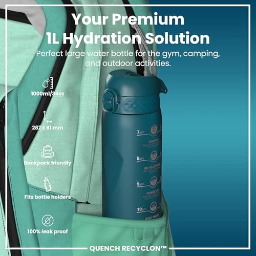 ION8 1 Litre Water Bottle with Times to Drink, Leak Proof, Flip Lid, Carry Handle, Dishwasher Safe, BPA Free, Soft Touch Contoured Grip, Ideal for Gym, Health and Fitness, 32 oz, Deep Teal — view 2