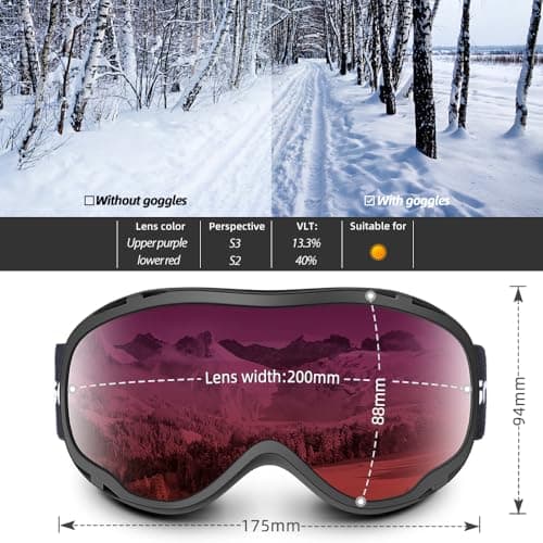Snowledge Ski Snowboard Goggles with UV400 Protection, Skiing Snowboarding Goggles of Dual Lens with Anti Fog for Men, Women,Helmet Compatible — view 2