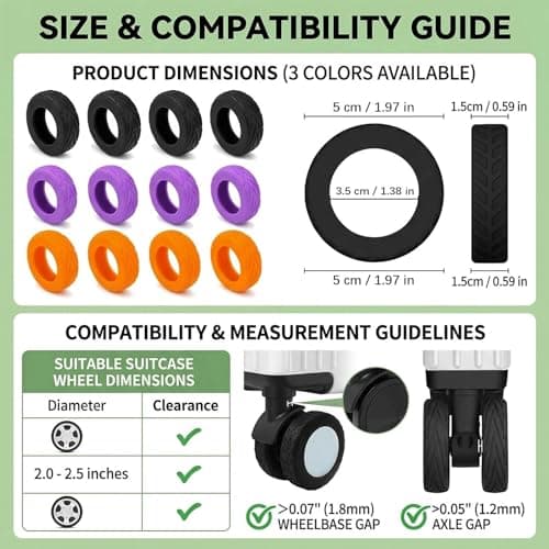 12Pcs Silicone Suitcase Wheel Protectors, Anti-Noise Wear-Resistant Luggage Wheel Covers, Non-Slip Spinner Suitcase Wheel Covers Fits 2.0-2.5" Wheels, Travel Carry-On Accessories(Black/Purple/Orange) — view 2