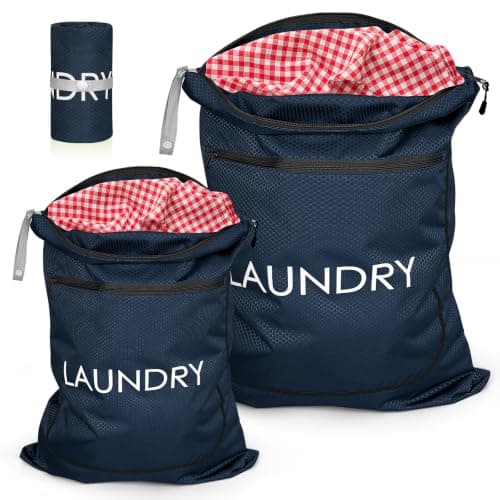 2 Packs Laundry Bags, Foldable Dirty Clothes Travel Laundry bag with Zipper, Washable Wet & Dry Organizer for Gym, Swimming, Yoga, Workout & Swimsuits (Navy Blue(Small+ Large))