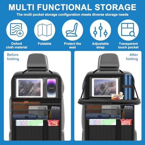 Car Seat Organiser for Kids Multifunctional Waterproof Car Seat Back Protectors Kick Mats with Foldable Tray and Many Pockets 61x42cm Large Storage Bag Travel Accessories for Books, Toys, Snacks — view 4