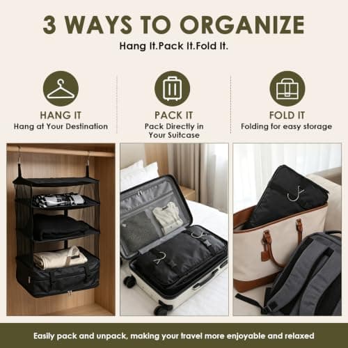 Foppla Packing Cubes & 3-Shelf Luggage Organizer, Collapsible Hanging Compression Mesh Storage Bag - Holds Clothes/Shoe/Toiletries/Makeup,Travel Essentials for Suitcase/Backpack/Road Trip/Vacation — view 4