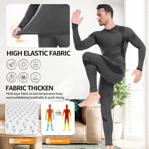UNIQUEBELLA Mens Thermal Underwear Set Long Sleeve Tops Long Johns Thermal Base Layer Bottom Fleece Lined Quick Drying — view 4