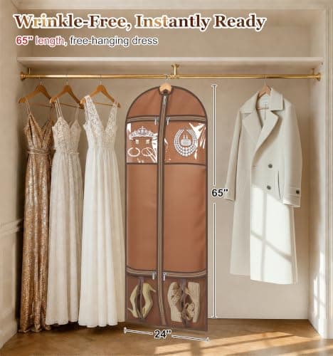 MISSLO 65" Dress Bag Carrier for Women with 4 Large Pockets Long Garment Bags for Travel Heavy Duty Wedding Dress Covers for Hanging Clothes, Suits, Coats, Beige — view 4