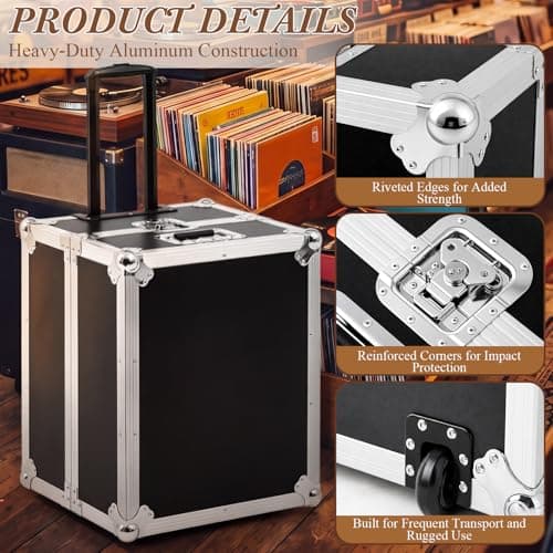 Dansydaisy Rolling Vinyl Record Case Holds up to 100 Lp Records Aluminum DJ Flight Case with Wheels Telescoping Handle Lockable Vinyl Record Storage Box with Foam Padded Interior for Collectors DJ — view 3