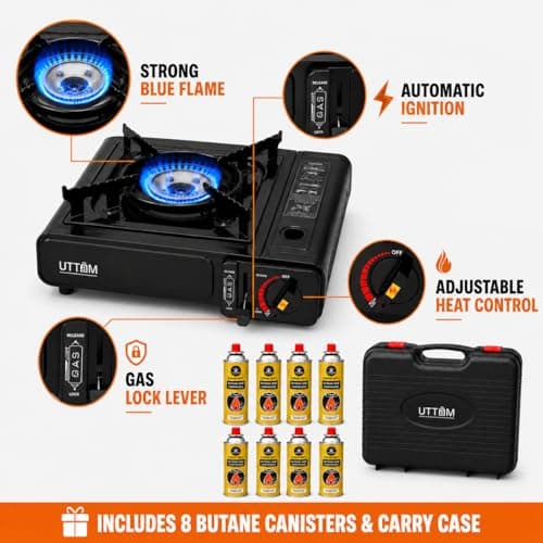 UTTAM Black Portable Camping Stove with Cary Case | EN417 Compliant Camping Portable Stove | Camping Stove with Automatic Ignition & Heat Control (Stove + 8 Butane Cannister) — view 5