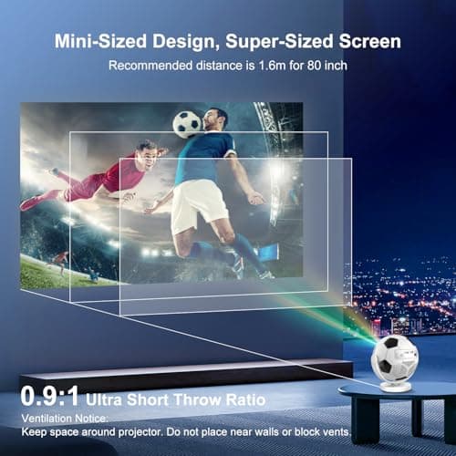 Mini Projector, Portable Projector with WiFi 6 Bluetooth 5.4,180° Rotatable,Built-in Apps,Short Throw Projectors 4K&8K Support,Auto Keystone,Football-Shaped Movie Projector for Bedroom-Black&White — view 5