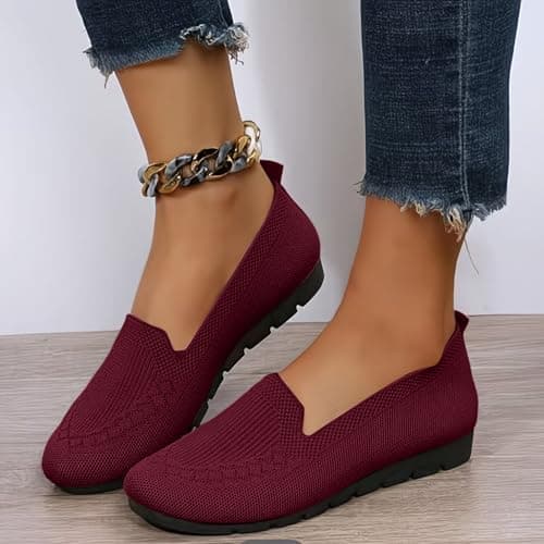 Boat Shoes Women Wide Fit Knitted Mesh Slip-On Flats Solid Color Breathable Low-Cut Casual Loafers with Soft Non-Slip Soles Lightweight Comfortable Walking Shoes for Everyday Wear Office Travel Red — view 2