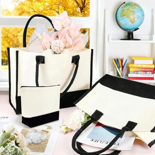 DHNDO 16 Pcs Canvas Tote Bags and Cosmetic Pouches Bulk, Shopping Tote Bags with Handle Set for Bridesmaid Gifts, Travel, Beach, Daily Use (Black and White) — view 3
