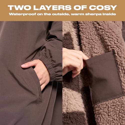 OHS Rain Coats for Women Men, Oversized Waterproof Changing Robe Fleece Lining Women's Jackets with Hood & Pockets Drying Robe Lightweight Ladies Jackets for Outdoor Travel, Brown - L/XL — view 5