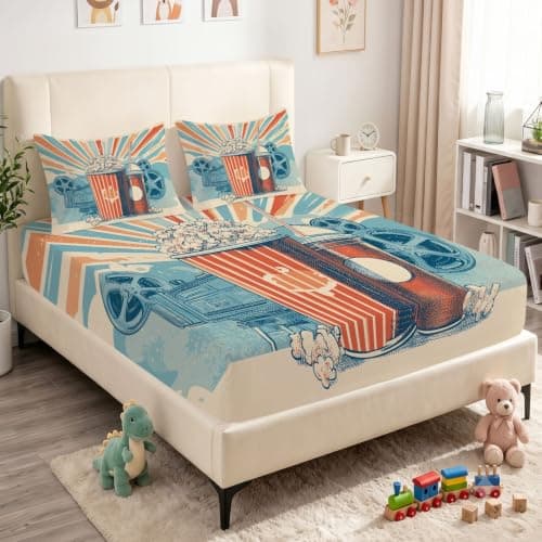Small Double Fitted Sheet 122 x 190 cm, Retro Cinematic Popcorn Soda Film Projector Reel Microfiber Fitted Sheets with Deep Pocket 30cm, Soft Breathable Bed Sheets, Bed Sheet for Children Adult, Beige — view 2