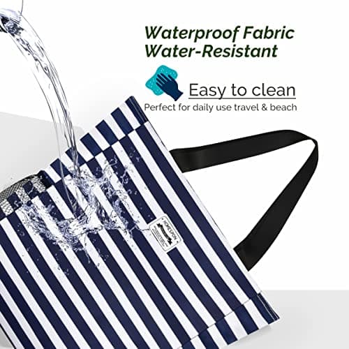 HOMESPON Large Waterproof Beach Tote Bag with Zip and Pockets for Women (Blue & White Stripe) — view 3