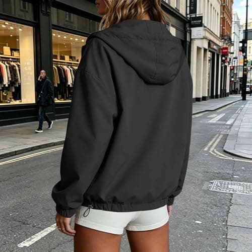 Flodxo Women’S Lightweight Waterproof Jacket with Hood Packable Rain Coat for Women UK, Casual Windbreaker Jacket Ladies, Outdoor Hiking Running Travel Summer Raincoat with Pockets Black L — view 3