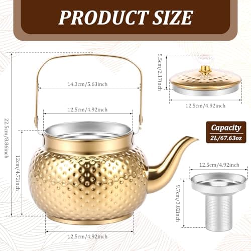 1.5/2 Litre Gold Hammered Tea Kettle Stainless Steel Coffee Pot Loose Leaf Teapot with Strainer Stovetop Tea Kettle Outdoor Camping Travel Supplies Gift for Women(2L) — view 2