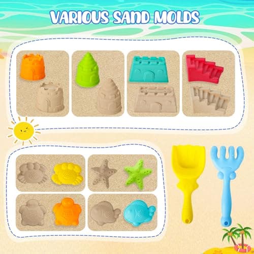 Beach Sand Toys for Kids,12 PCS Collapsible Beach Toys Set and Spade Set with Mesh Bag,Castle&Aninal Moulds ,Travel Beach Essentials for Children,Gardening Beach Outdoor Toys for Boys Girls (Pink) — view 4