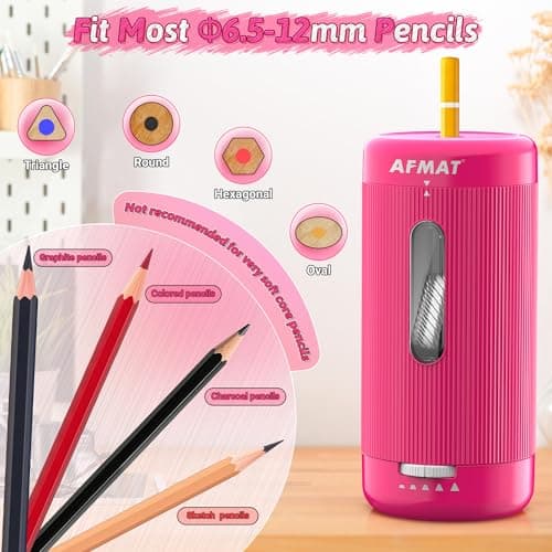 AFMAT Fully Automatic Electric Pencil Sharpener, Auto in & Out, Rechargeable Hands-Free Pencil Sharpener for Jumbo & Colored Pencils (6.5-12mm), Portable for Home/Classroom/Office, Rose, PSC3 — view 3