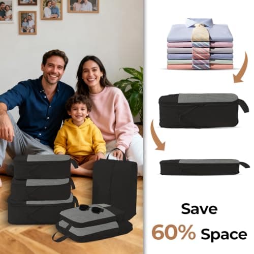 6 Set Compression Packing Cubes for Suitcases Backpack,Waterproof Travel Suitcase Packing Storage Clothes Shoes Bags with Dual-Zipper Expandable for Travel Accessories and Essentials,Black — view 4