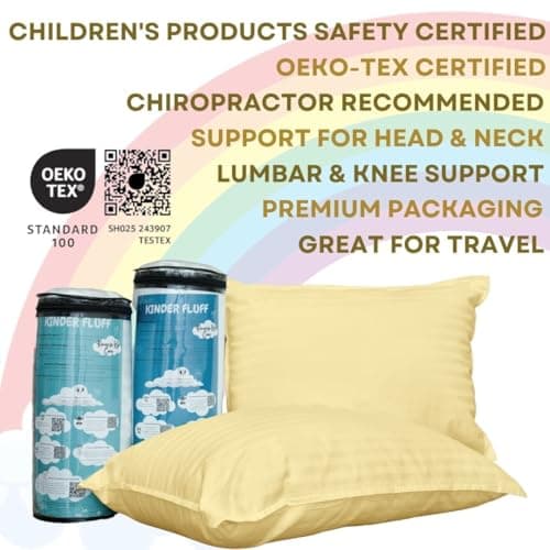 kinder Fluff Children Pillow (2Pack) [25x38cm]- First Pillow for Kids Age 2+, 100% Cotton Sateen Stripes Shell 300T, Down Alternative Fill, Machine Washable - Children & Travel Cushion - Yellow - XS — view 3