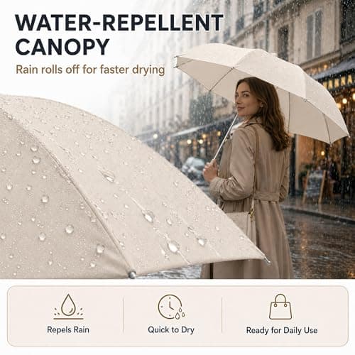 SFDRANVEX Automatic Compact Travel Umbrella Windproof Folding UV Sun Protection Lightweight Strong Frame(​Light Khaki) — view 6
