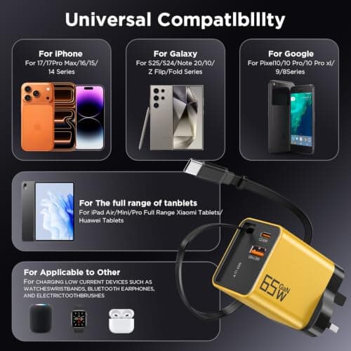 65W GaN USB C Charger 3-Port with Retractable 0.7m Cable(Yellow) — view 6