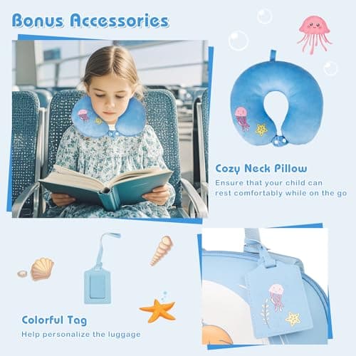 GYMAX 4Pcs Kids Luggage Set, 10” Backpack & 14” Children Hardshell Suitcase with Wheels, Neck Pillow & Name Tag, Toddler Carry On Luggage Set for Travel School (Blue+White) — view 5