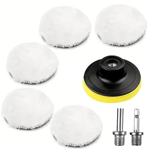 Polishing Pads for Drill, 8-Piece Professional Wool Buffer Kit – Includes M10 & Hex Shank Adapters – Universal Car Waxing, Compounding & Furniture Polishing Set (5 INCH)