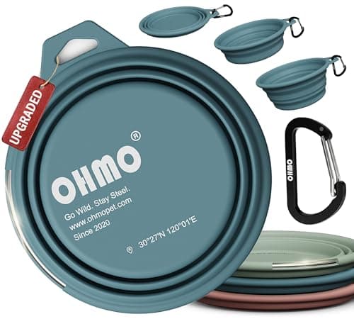 OHMO Large Collapsible Dog Bowl with Steel Ring, 800ml, Light Blue