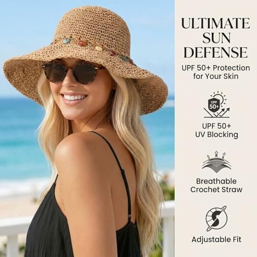 Higijapuf Sun Hats For Women UK, Straw Hat Foldable Summer Cap With UPF 50 Protection, Ladies Sunhat Wide Brim, Beach Headwear With Chin Strap, Packable For Holiday Travel — view 5