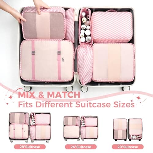 BAGAIL 8-Piece Packing Cubes Set, Travel Organizers with Breathable Mesh & Shoe Bag, Lightweight Nylon Packing Organisers for Luggage Suitcase, 9 Colors - Pink Stripe — view 6