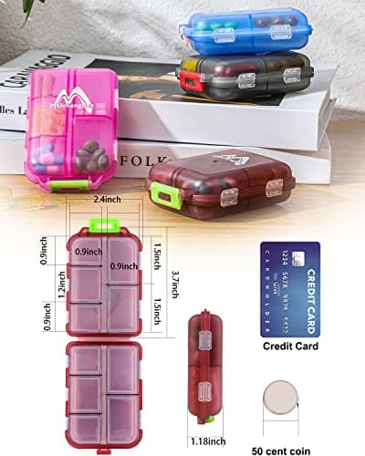 4 Pack Pill Case Portable Small Weekly Travel Pill Organizer Portable Pocket Pill Box Dispenser for Purse Vitamin Fish Oil Compartments Container Medicine Box — view 3