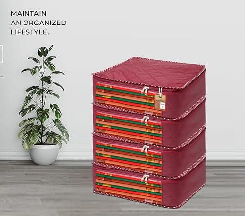 atorakushon Fabric Foldable Saree Covers Garments Clothes Storage Bag Wardrobe Organizers With Double Zip Lock For Lehenga Suit Dress Accessories 4 Pieces Maroon — view 2